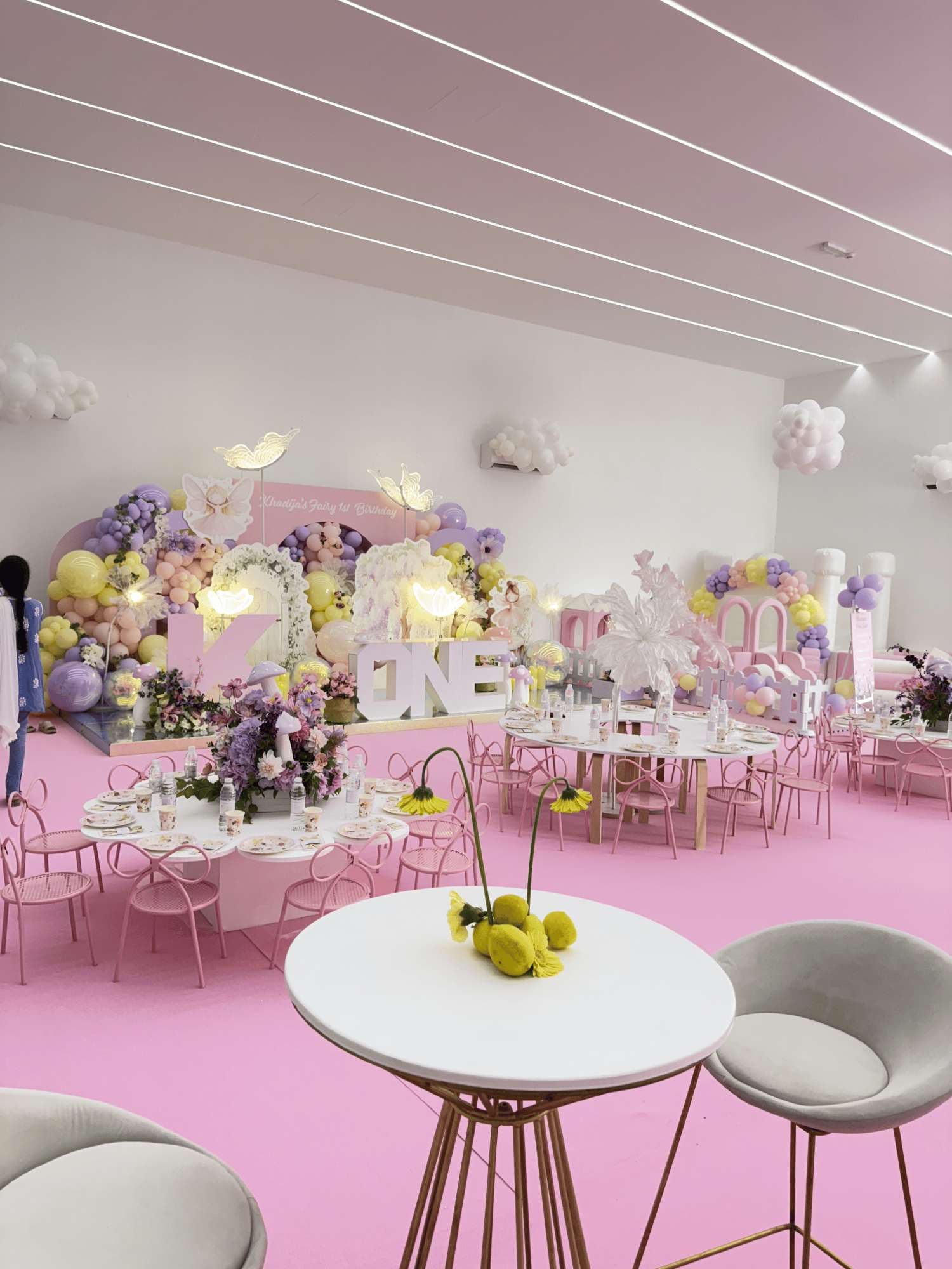 Pink birthday tables and a pastel fairy backdrop at Pampa's private Al Quoz venue